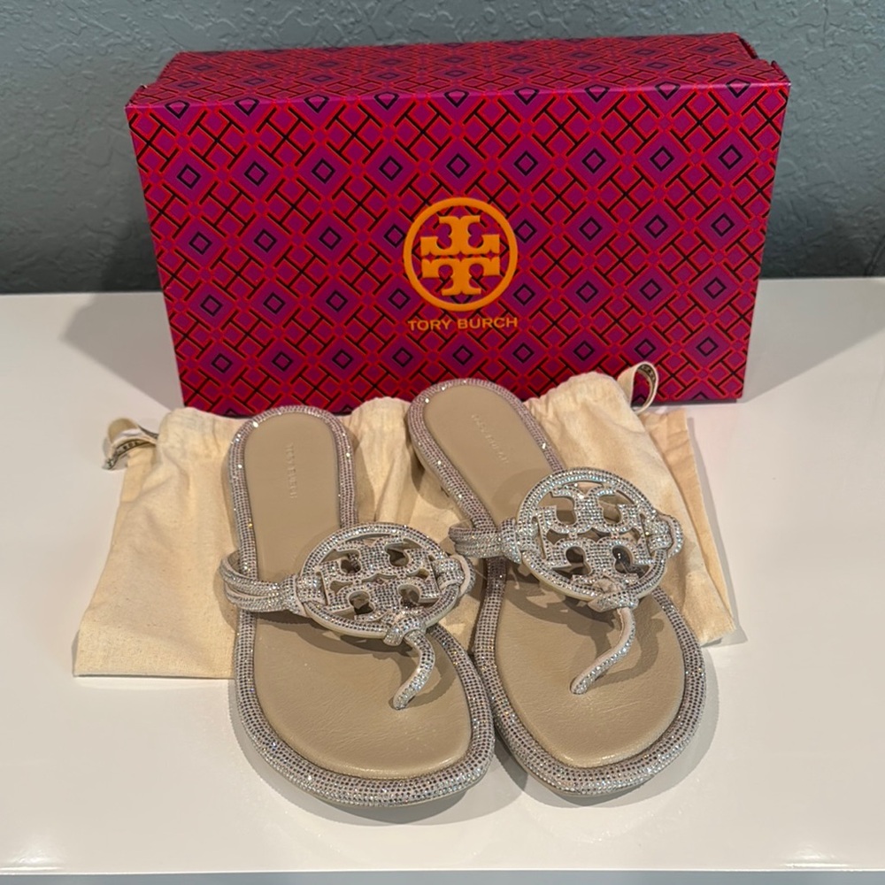 Tory Burch Pave Miller Crystal Metallic Cream/Silver Sandals Size 10